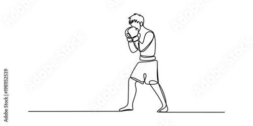 Continuous line drawing of a male boxer in a defensive stance ready to fight in the boxing ring Vector, illustration