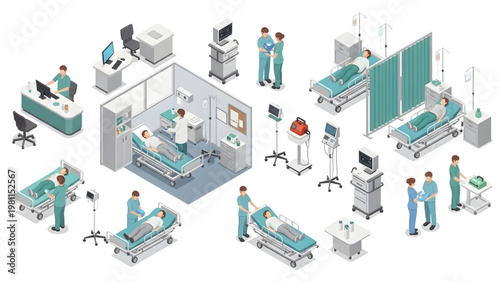 Top-Down Hospital Emergency Room Activity Vector Elements Character Set, Architectural CAD Human 3D Style Illustration, White Background