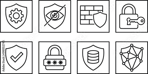 Security icons set a collection of line art symbols representing data protection privacy and system safeguarding