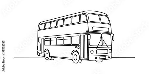 A simple black and white line drawing of a classic double decker bus for kids to color at home Vector, illustration