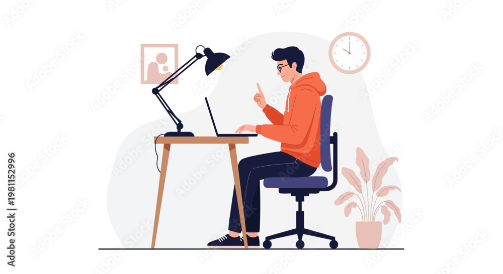 Fototapeta premium Young man working on laptop at desk, focused, pointing finger, home office setup