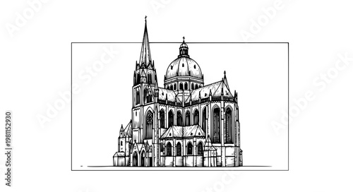 Vintage Aachen Cathedral sketch vector illustration with black and white architectural engraving style isolated on white