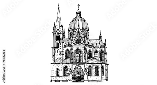 Aachen Cathedral black and white sketch vector illustration with detailed architectural line art isolated on white background