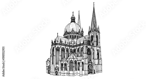 Aachen Cathedral perspective sketch vector with architectural line drawing in black and white isolated on white