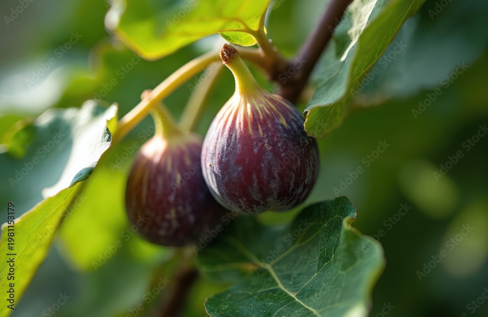 Fototapeta premium Close-up of two ripe purple figs hanging on a branch with green leaves. Natural sunlight illuminates the fruit and foliage. Ready for harvest.