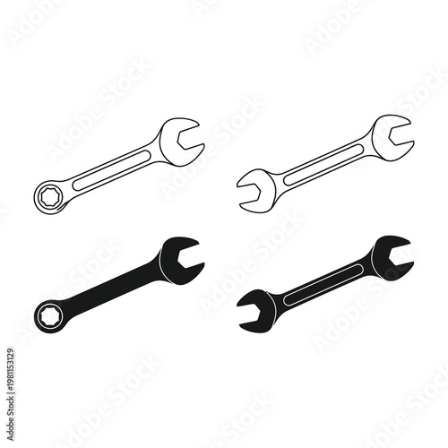 Set of Metal Spanner Wrenches Isolated on White Background Including Outline and Solid Styles