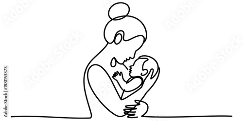 Continuous line drawing of a mother tenderly holding her newborn baby in her arms Vector, illustration