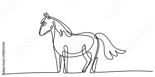 Minimalist continuous line drawing of a horse standing on a horizontal line background. Vector, illustration