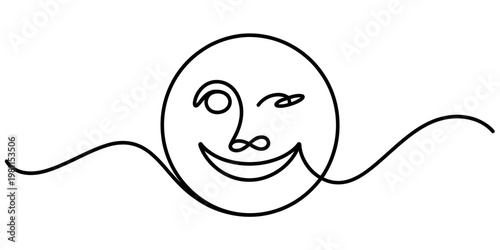 Minimalist continuous line drawing of a winking smiley face with a playful expression Vector, illustration