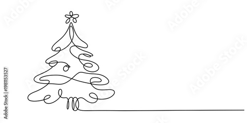 Continuous line drawing of a minimalist christmas tree with a star on top and white space. Vector, illustration