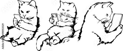 Modern cats using smartphones and taking selfies vector set.