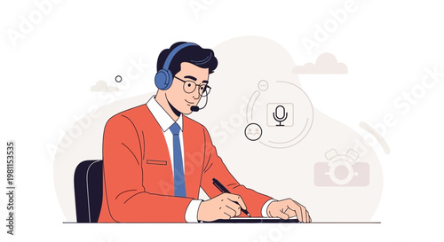 Man with headset and glasses writing, working in call center or online support