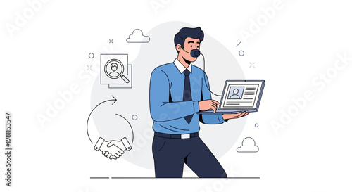 Man with headset and laptop, recruitment process icons, handshake, business concept