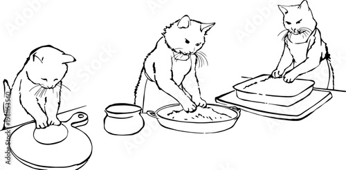 Cute cats baking and kneading dough illustration for bakery design.