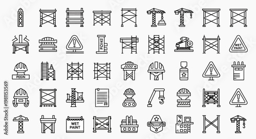Construction Scaffolding And Industrial Equipment Icons Set Vector Graphic Elements For Design And Safety Warning Signs