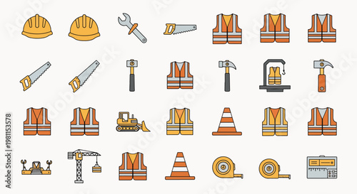 Construction Safety Gear and Tools Set High Visibility Vest Hard Hat Saw Wrench Bulldozer Crane and Traffic Cone Icons