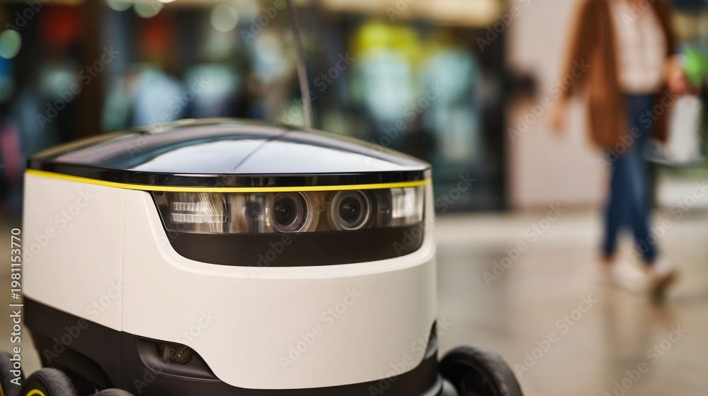 Fototapeta premium Automated Robot Delivery Technology: Innovative Urban Shopping Experience with Futuristic AI Service Bots