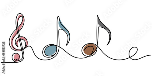 Continuous line drawing of a treble clef and musical notes with colorful accents on white background. Vector, illustration