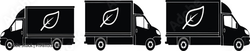 Silhouette of a delivery van with a leaf symbol on its side. Black delivery truck icon set vector silhouette.eps