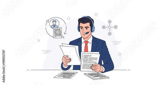 Man with headset reviewing documents, recruitment and HR concept