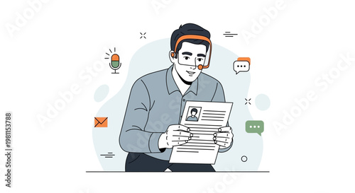 Man with headset reviews document, communication and online work concept