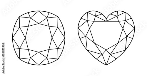 Cushion, Heart diamond cut shape icons. Brilliant Cushion, Heart shaped modified cut pattern. Precious gemstone outline sample for jewellery design, branding, packaging, logo, web, app. Design diagram