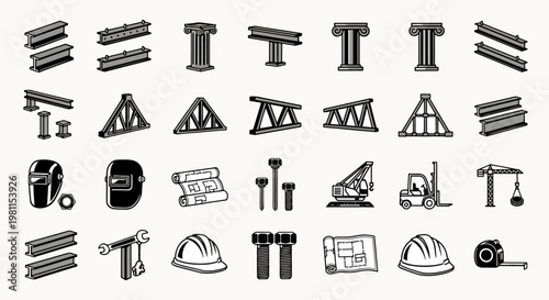 Construction Industry Icons and Elements Featuring Steel Beams Columns Trusses Welding Tools Hard Hats and Cranes