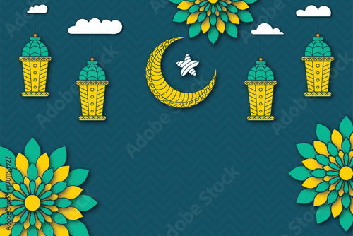 Creative teal background featuring colorful layered paper-cut flowers, stylized yellow lanterns, and clouds, perfect for modern Ramadan and Eid greeting designs.