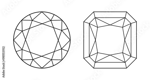 Diamond Circle, Original Radiant icon. Diamond line style. Brilliant Original Radiant, Circle cut pattern. Gemstone linear minimalist template. Logo round brilliant cut. Classic diamond shape symbols.