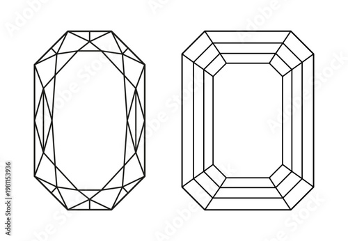 Diamond Radiant, Emerald cut shapes. Design diagram. Brilliant Phoenix Radiant, Emerald cut patterns. Top view Polygonal Diamond. Gemstone outline icon for jewellery design, branding, packaging, logo.