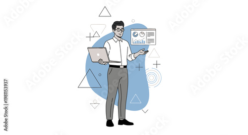 Man with Laptop and Analytics Dashboard, Business Presentation, Data Analysis