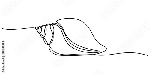 Continuous line drawing of a spiral seashell on a white background in a minimalist style. Vector, illustration