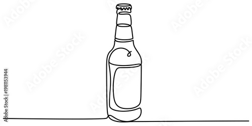 Single continuous line drawing of a glass beer bottle with a metal cap on a white background. Vector, illustration