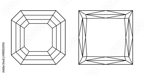 Asscher, Princess diamond cut shapes. Gemstone outline icon for jewellery design, branding, packaging, logo, digital graphic. Asscher, Princess brilliant cut patterns set. Design diagram.