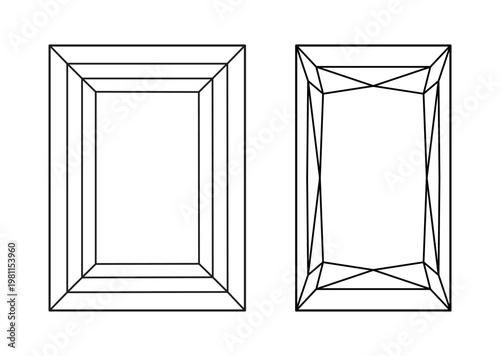 Baguette, Princess diamond cut shapes set. Design simple diagram. Brilliant Baguette, Princess cut. Gemstone outline icon for jewellery design, branding, packaging, logo. Rectangular diamond top view.