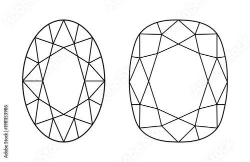 Cushion, Oval diamond cut shape. Gemstone outline patterns for jewellery design, branding, packaging, logo. Set of Cushion, Oval brilliant cut icons. Design diagram. Diamond top view.