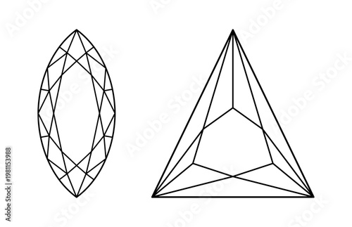 Marquise, Triangular diamond cut shape icons. Design simple diagram. Brilliant Marquis, Trillion cut set. Precious gemstone outline icon for jewellery design, branding, packaging, logotype, web, app.