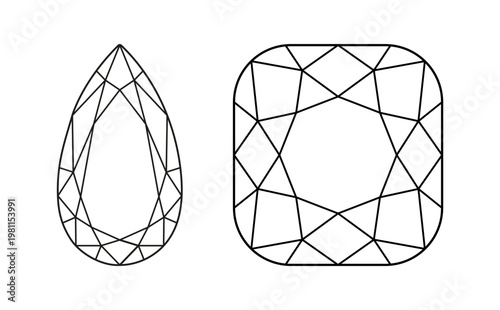 Pear, Cushion angular diamond cut shapes set. Diamond top view. Pear, Cushion angular brilliant cut minimalist icons. Gemstone outline pattern for jewellery design, branding, packaging, logos.