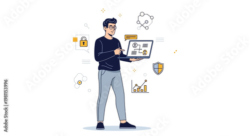 Man with Laptop, Security, Data, and Analytics Icons