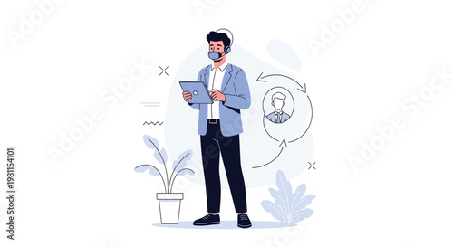 Man with tablet and headphones wearing mask, business process illustration