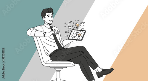Man with Tablet Showing Ideas, Sitting in Office Chair, Business Concept