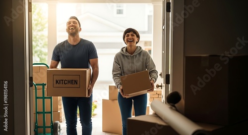 Couple Moving In With Boxes candid authentic real life diversity inclusive intergenerational