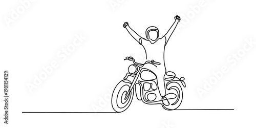 A single continuous line drawing of a happy person riding a motorcycle with arms raised high up Vector, illustration
