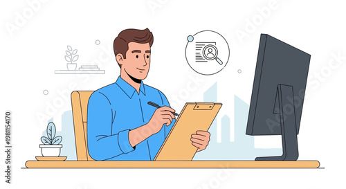 Man working at desk with computer and clipboard, research concept