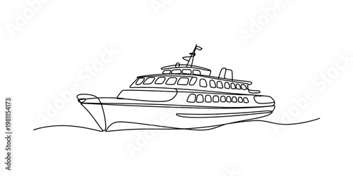 A single continuous line drawing of a large cruise ship sailing on the calm ocean water surface Vector, illustration