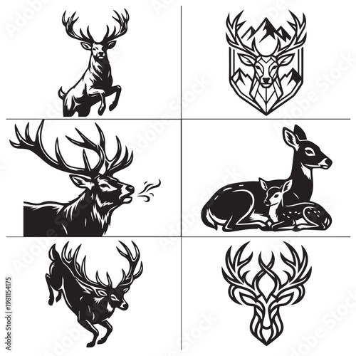 Majestic Stag and Deer Family Vector Illustration Set with Mountain Shield