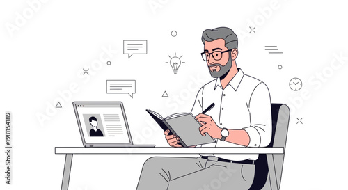 Man working at desk with laptop and notebook, online learning, remote work concept