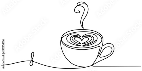 Continuous line drawing of a steaming cup of coffee with heart shaped latte art on white background Vector, illustration
