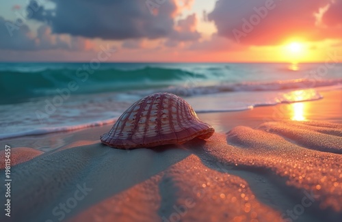 Seashell rests on wet sand. Gentle waves lap shore at sunset. Ocean horizon glows with warm, golden light. Sky clouds reflect soft pink and orange hues. Coastal scene evokes peaceful vacation vibes.