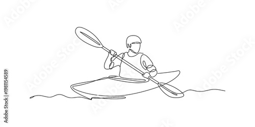 A single continuous line drawing of a person paddling a kayak across the calm water surface area Vector, illustration